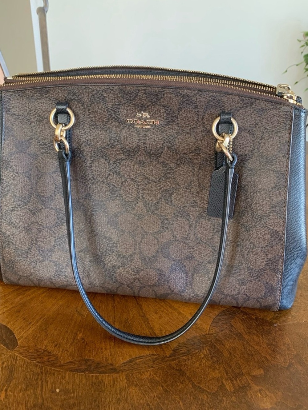 Coach Brown Signature Shoulder Tote with Black Handles and Gold Hardware